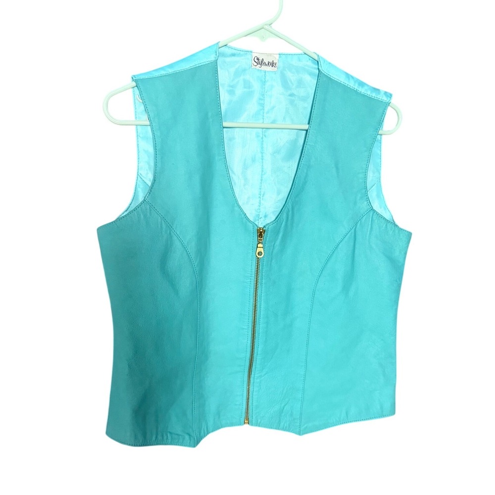 Styleworks Vintage Leather Zip Up Vest Turquoise Size M